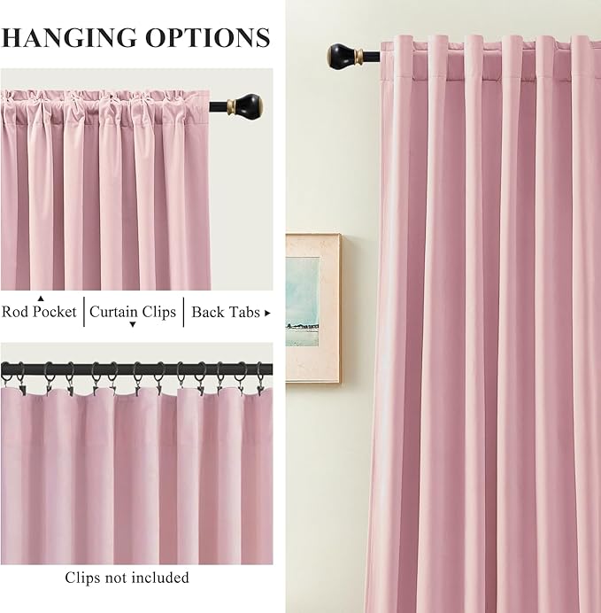 Baby Pink Velvet Curtains for Girls Bedroom, Super Soft Room Darkening Thermal Insulated Blackout Curtain Luxury Window Drapes for Living Room Nursery, Back Tab Rod Pocket, W52 x L90, 2 Panels