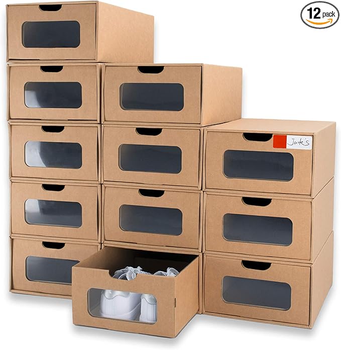 Shoe Box 12 Pack,13.2 x 8.3 x 5.1in Waterproof Storage Boxes, Socks, Stationery, Toys, Underwear,Heavy Duty,Stack-able Cardboard Boxes,with Marking Labels,Transparent Window