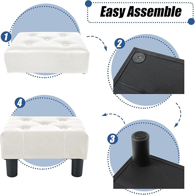 BRIAN & DANY Small Foot Stool, Leather Foot Stools with Legs, Stable Small Footstool for Living Room, White