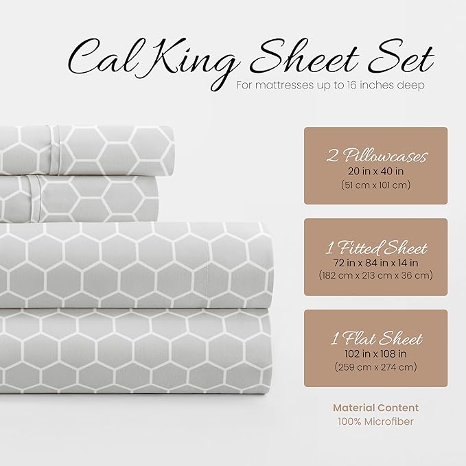 Linen Market Double-Brushed Patterned Microfiber California King Sheet Set 4 Piece – Oeko-TEX Certified Ultra Soft & Wrinkle-Free - 16" Deep Pocket Sheets Easy Care Cal-King Size - Honeycomb Gray