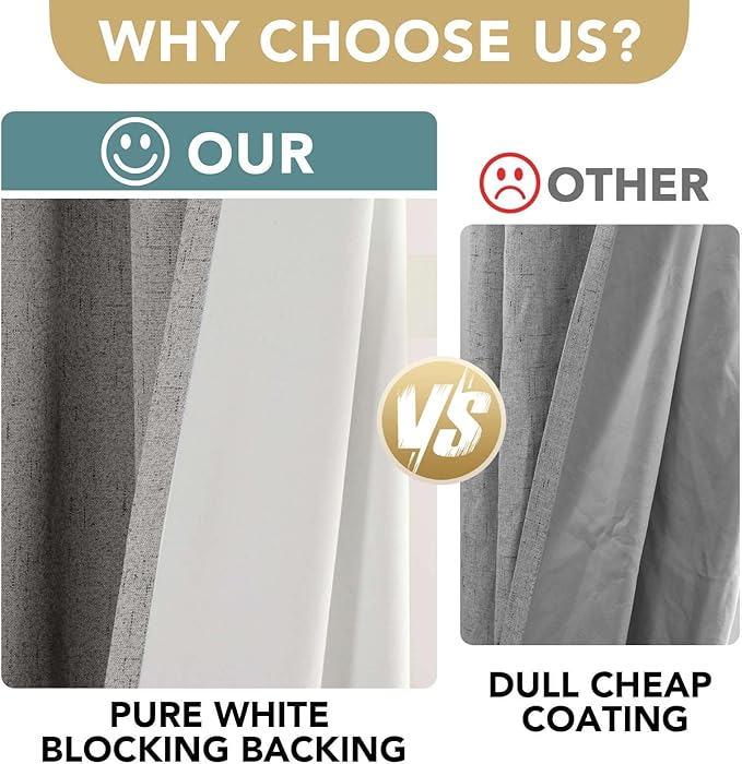 H.VERSAILTEX Primitive Linen Curtains 100% Blackout Curtain Drapes Burlap Curtains with White Thermal Insulated Liner, Grommet Top Drapes Living Room/Bedroom (2 Panels, 42 x 63 Inch, Dove Gray)