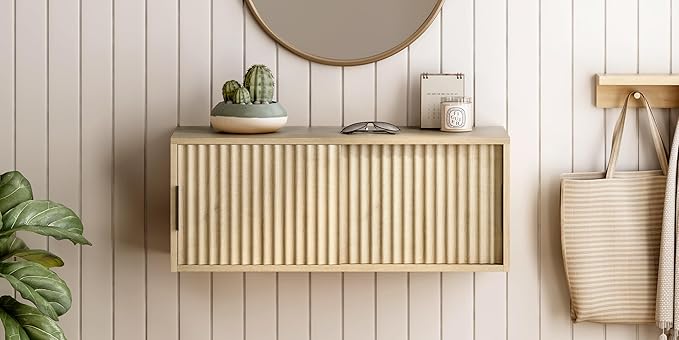 Large Wall Nightstand with Sliding Doors, Modern Fluted Night Stand Storage Shelf Wall Mounted Bedside Tables for Bedroom, Study Room Light Oak