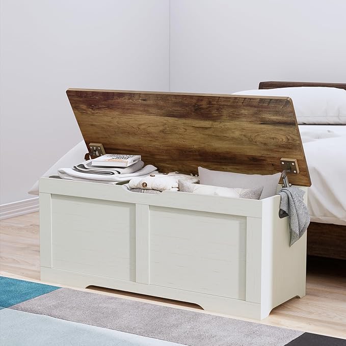 Timberer 39.4" Storage Chest, Wooden Storage Bench, Lift Top Toy Chest with 2 Safety Hinges, Large Toy Box, Entryway Bench for Living Room, Bedroom, Brown and Rustic White