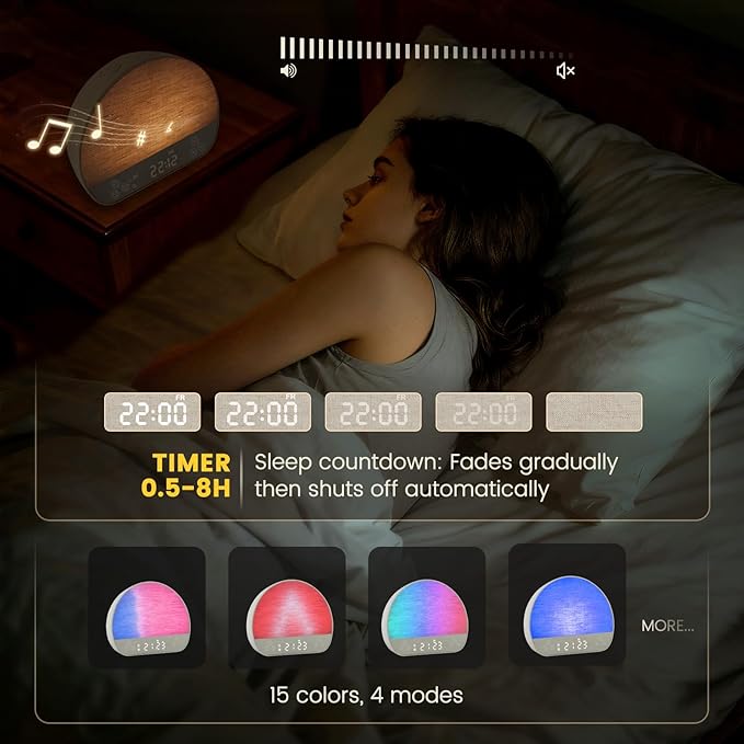 Sunrise Alarm Clock Sound Machine, Wake Up Light - Bluetooth Speaker, Dual Alarms, Dimmable Clock, USB Charging, Snooze, 37 Sleep Sounds, 15 Colors, Timer-Night Light for Heavy-Sleepers Gift