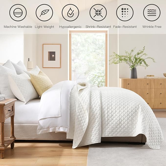 HORIMOTE HOME Cream Quilt Queen Size, Lightweight Quilts for Summer Ultra-Soft Microfiber Modern Style Quilted Clouds Pattern Bedspread Quit Set 3 Pieces(1 Quilt and 2 Pillow Shams)
