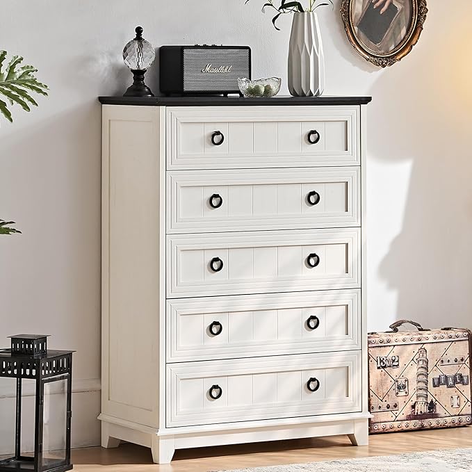 Farmhouse 5 Drawer Dresser for Bedroom Set of 2, 42" Tall Small Dressers & Chest of Drawers, Rustic Wood Dresser with Metal Handle, Storage Organizer Closet for Living Room, Hallway,Entryway