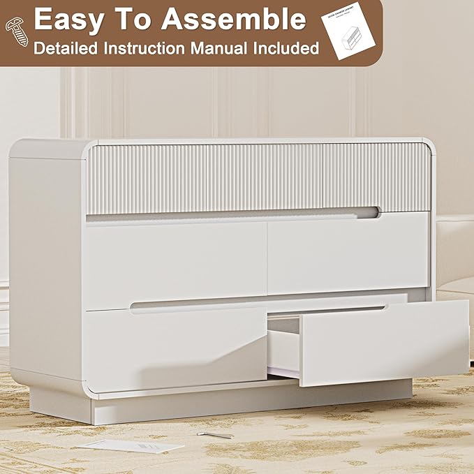 7 Drawer Dresser and 2 Nightstand Sets for Bedroom 3 Pcs Bedroom Set, Modern 47.2" Fluted Dresser with Invisible Handles Nightstand Charging Station, Bedroom Furniture Set for Living Room, White