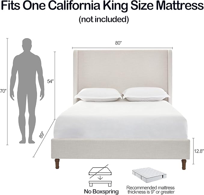 California King Size Upholstered Bed Frame, Platform Bed Frames with 54" Tall Headboard Wingback, Strong Wood Slats Support/No Box Spring Needed/Elegant Simplicity/No Noise, Textured Ivory Canvas