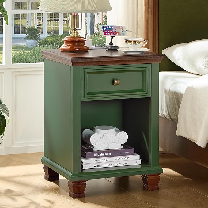 SAVOR LIFE Farmhouse End Tables Living Room Set of 2, Rustic Wood Nightstand with 1 Drawer, Bedside Table with Open Shelf for Bed Room, Side Table for Living Room, Green