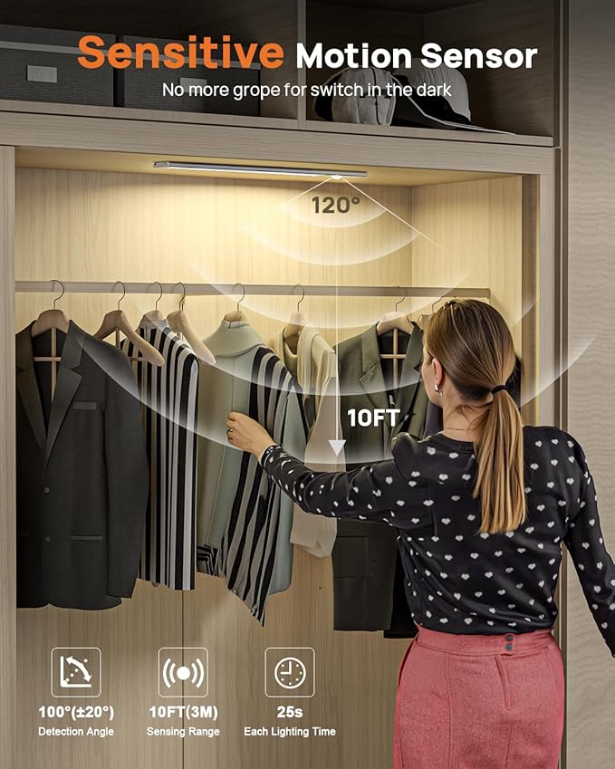Under Cabinet Lighting Wireless,16 inch LED Motion Sensor Light Indoor, USB Rechargeable Closet Lights with Remote Control, 3 Color Temps Under Counter Lights for Kitchen, Wardrobe, Stairs, 4 Pack