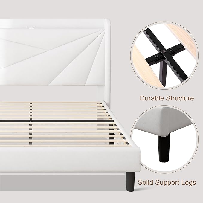 Full Size Upholstered Bed Frame with Charging Station, Platform Bed Frame with Storage Headboard, Solid Wood Slats Support, No Box Spring Needed, White