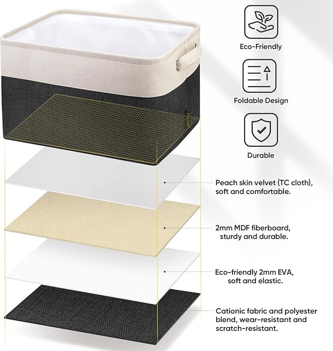BALEINE 2 Pack Fabric Storage Bins for Shelves, Linen Storage Baskets for Organizing, Decorative Closet Bins for Clothes, Home (Black, 15"x11"x9.5")