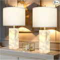 Scenekoy Natural Alabaster Table Lamp Set of 2 with Night Light for Bedroom Living Room, 23" Rotary Switch Bedside Lamp with Linen Shade, Modern Nightstand Lamps for Room Office Dorm (Bulb Included)