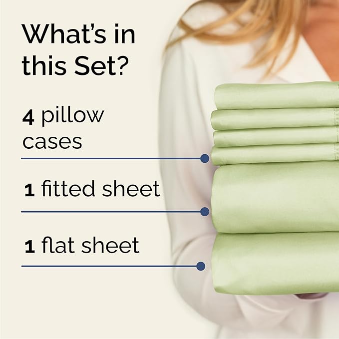 Cal King 6 Piece Sheet Set - Cooling & Breathable - Hotel Luxury Bedding, Includes Fitted Sheet for Women, Men, Kids and Teens - 1 Flat, 1 Fitted Sheet, 4 Pillowcases with Deep Pockets - Light Sage