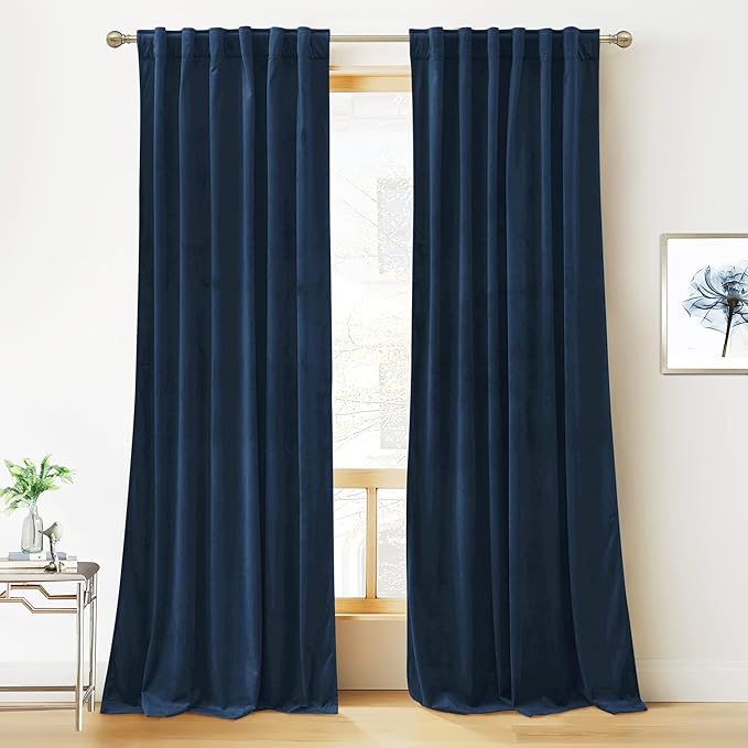 RYB HOME Velvet Curtains 96 inches - Blackout Curtains for Living Room,Thermal Insulated Noise Reducing Panels Luxury Vertical Sense Window Decor for Party Backdrops, Navy Blue, W52 x L96, 2 Panels