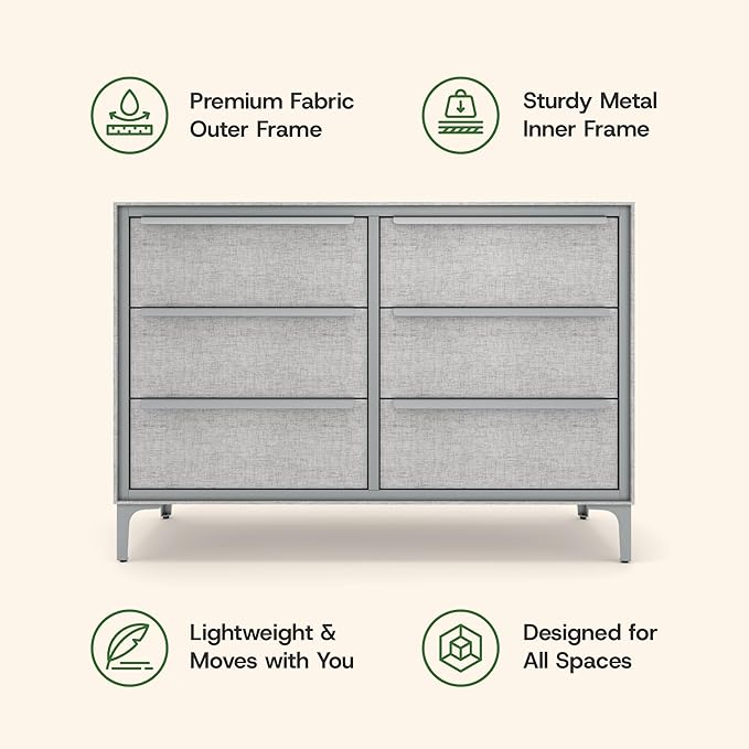 Naima Premium Fabric Dresser - Strong Metal Frame, 6 Spacious Sag-Proof Drawers with Sleek Metal Handles - Premium & Durable Storage Solution for Your Home (Silver)