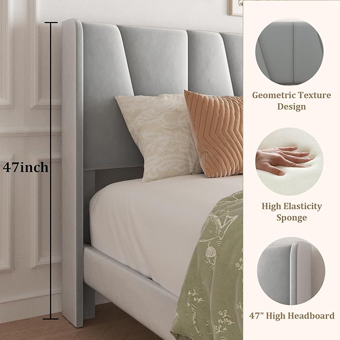 Full Bed Frame with Storage Drawers, Upholstered Full Size Platform Bed with 47" Tall Headboard and Wingboard, No Box Spring Needed, Noise Free, Easy Assembly, Wooden Support Slats, Light Grey