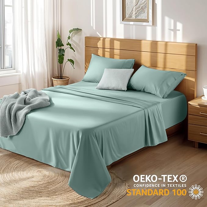 LBRO2M 100% Cotton Sheets Set Deep Pocket 19", 1000 Thread Count Full Size 4 Piece Bed Sheet Sets Soft Comfortable Bedding All Season (Full, Sage Green)