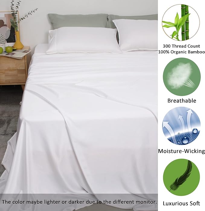 Linen World Cooling Bed Sheets Set Queen Size,100% Organically Grown Viscose Sheets,Deep Pocket Up to 16",4 Pieces Silky Soft,Breathable Bedding Sheets & Pillowcases(White,Queen)