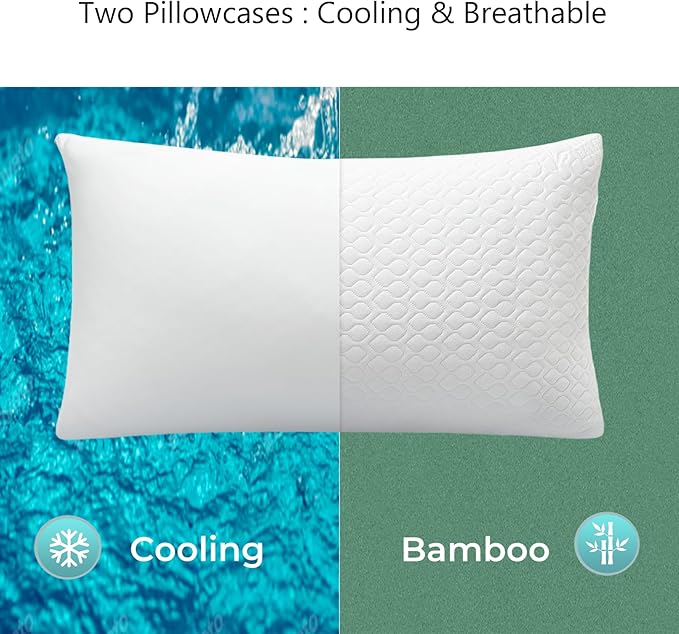 Queen Size Bed Pillow for Sleeping Shredded Memory Foam Adjustable Loft Pillows with Cooling Washable Pillow Case, 20x30 inches