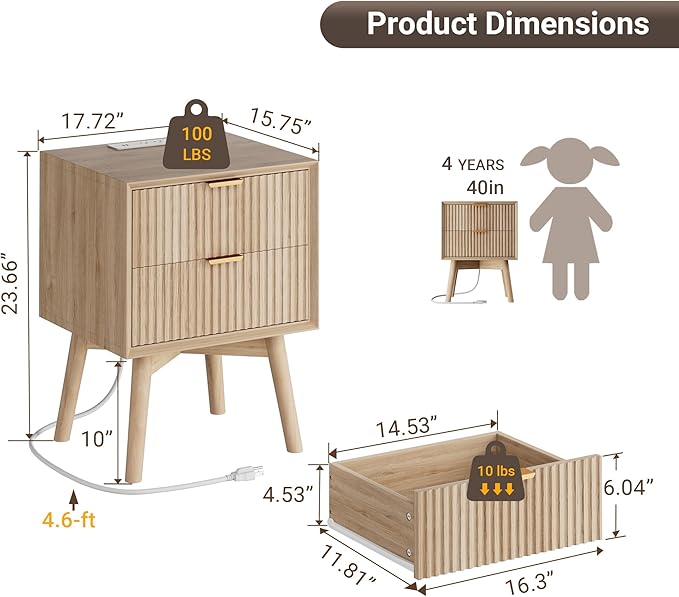 Fluted Nighstand, Beveled Edges Night Stand, 2 Drawer Nightstand with Charging Station, Modern End Table with Solid Wood Legs, Wooden Bedside Table for Bedroom Sofa Home Office, Natural Oak
