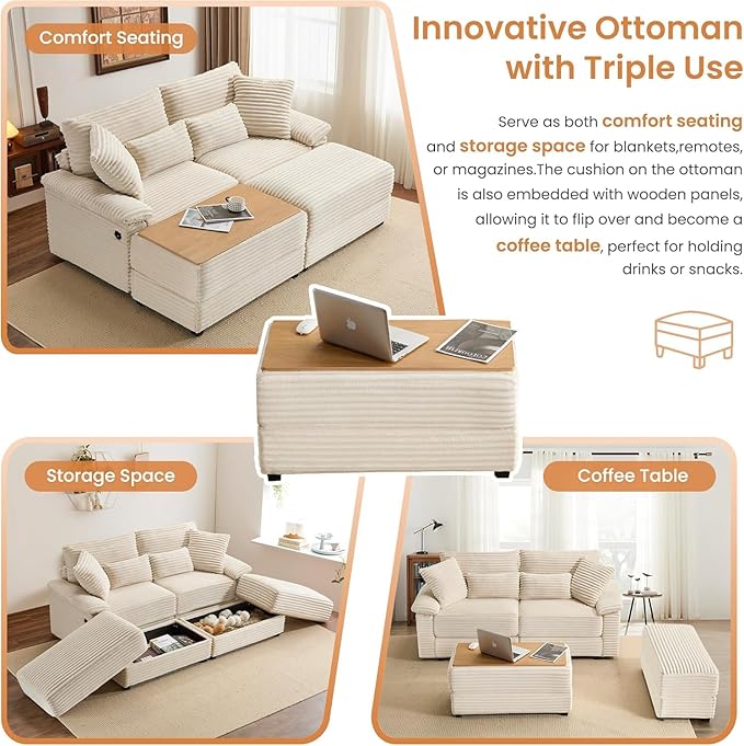 74" Double Chaise Lounge Chair Indoor, Oversized Loveseat with Removeable Ottoman, Corduroy Couch with USB Charging, Storage Ottoman, and Coffee Table Cushions for Living Room (2 Chaise Beige)