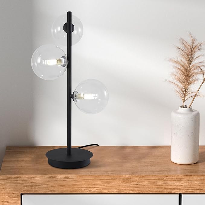 3-Light Black Table Lamp, Mid Century Nightstand Lamp with Clear Glass Globe Shade, Contemporary Bedside Lamp for Bedroom Living Room Study Room