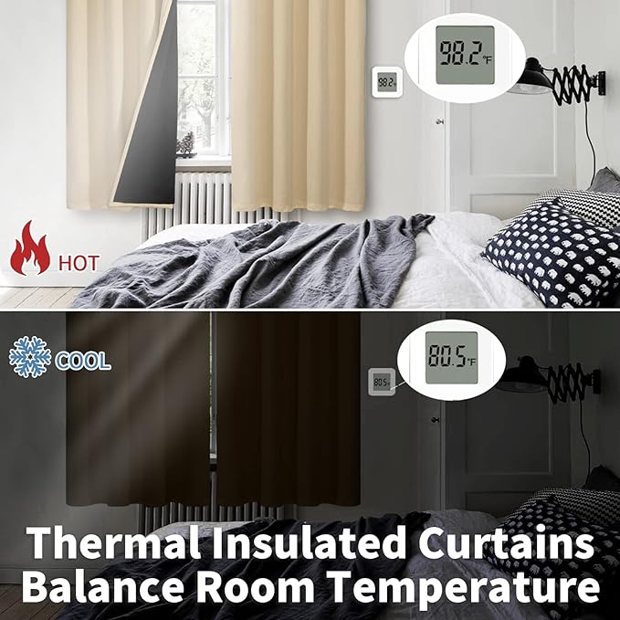 BGment Thermal Insulated 100% Blackout Curtains for Bedroom with Black Liner, Double Layer Full Room Darkening Noise Reducing Grommet Curtain (52 x 63 Inch, Natural, 2 Panels)