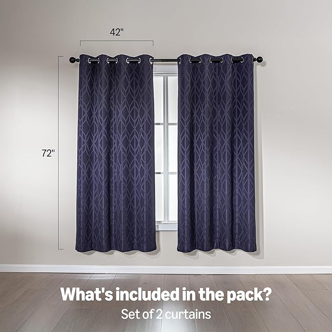 Amazon Basics Jacquard 2-Piece 100% Blackout Curtains, Living Room and Bedroom Drapes, Thermal Insulated Window Treatment, 42"x72", Dark Blue