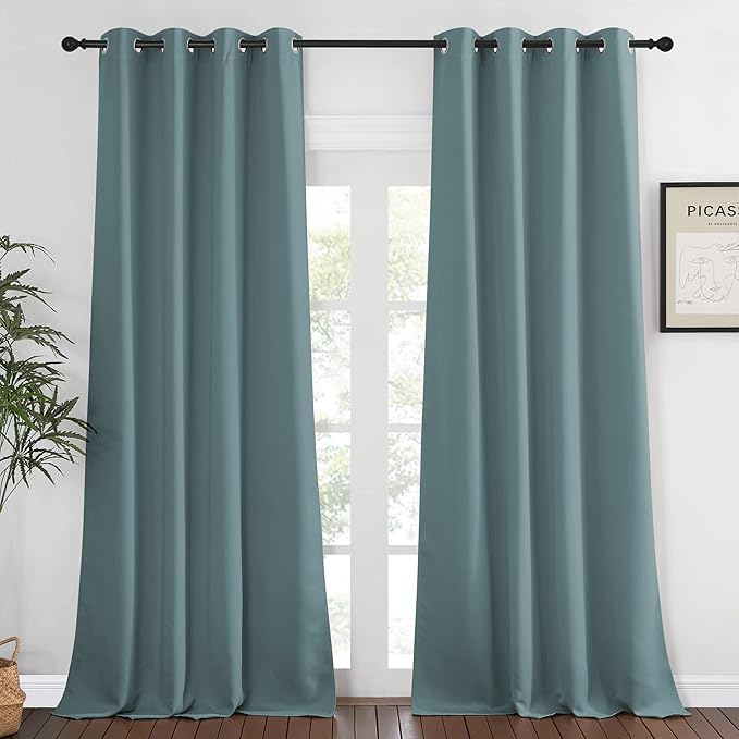 NICETOWN Blackout Greyish Blue Curtain 95 inches Long, Energy Saving Thermal Drape Grommet Sound Reducing Light Blocking Window Treatment for Bedroom, 1 Panel, W52 x L95