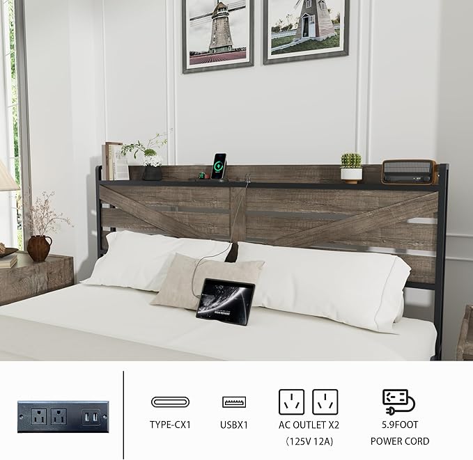 Queen Size Wooden Bed Frame with 12 Storage Drawers and Headboard, Farmhouse Platform Bed Frame with Charging Station, No Box Spring Needed, Stable and Solid, Noise Free. (Oak, Queen)