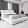 TTVIEW Modern Faux Leather Upholstered Platform Bed Frame with Iron Metal Decor, Adjustable Curved Headboard, Wooden Slats Support, No Box Spring Needed, Queen Size, White
