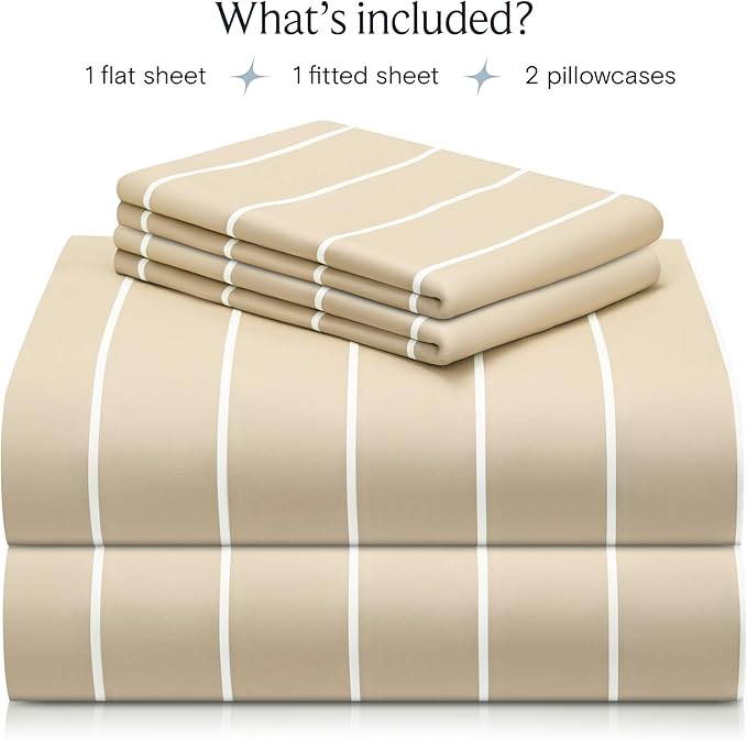 LuxClub 4 PC King Sheet Set, Deep Pockets Wrinkle Free Cooling Bed Sheets Hotel Bedding for Women, Men, Includes 1 Fitted Sheet, 1 Flat Sheet and 2 Pillowcases-Striped - Cream