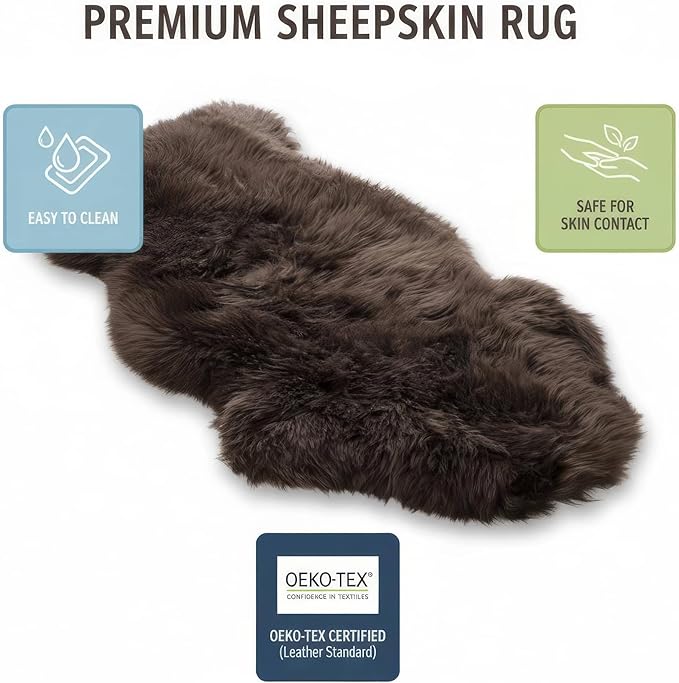 Genuine Dark Brown Sheepskin Rug 2x3 ft, Real Fluffy Single Pelt Fur Accent Rug for Chair, Seat Cover, Nursery & Home Decor, Natural & Soft Shaggy Throw