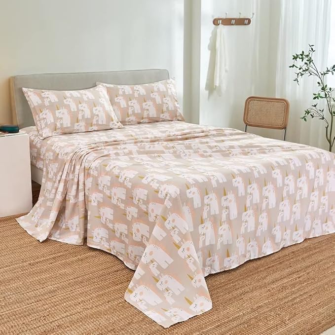 JSD Pink Unicorn Kids Sheet Set Full Size, 4 Piece Girls Printed Microfiber Bed Sheets Deep Pocket