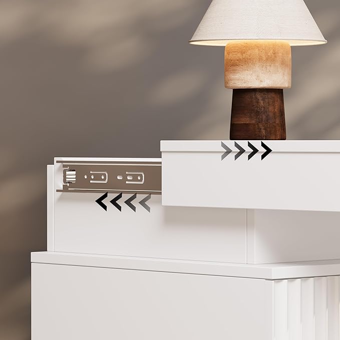 Nightstand Set of 2 for Bedroom, LED Nightstand with 3 Drawers and Charging Station, Mid Century Modern Fluted Nightstands, Bedside Tables & End Tables, White