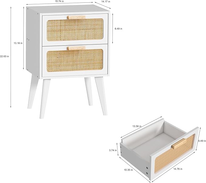 YAUKOMEL Rattan Nightstand, Wood End Table, Side Table with 2 Hand Made Rattan Decorated Drawers,Boho Bedside Table,Wood Accent Table with Storage for Livingroom, Bedroom, White CTG59W