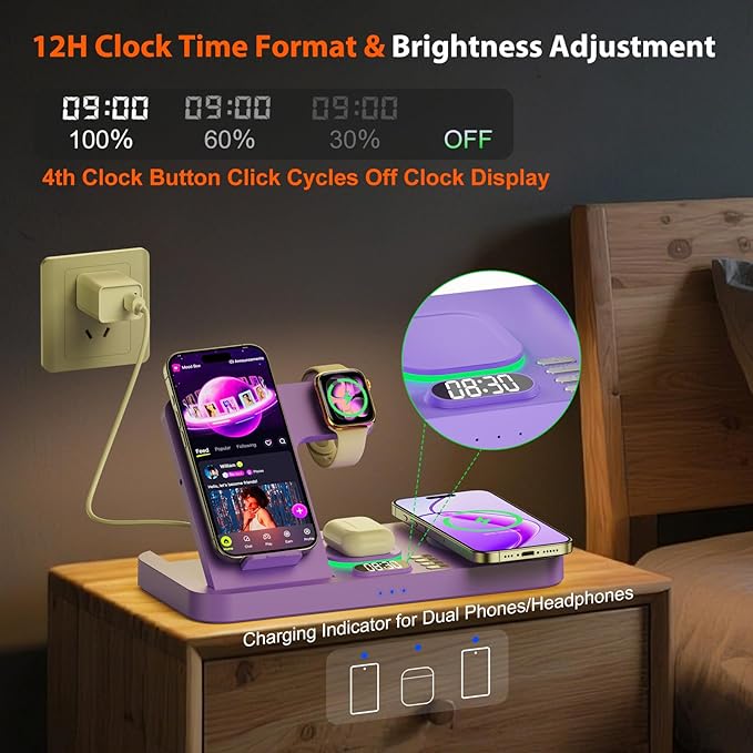 Dual Phone Magnetic Wireless Charging Station for Apple Devices/Apple Ecosystem,with Auto-Switch 7-Color Light & Clock, Compatible with iPhone 17/16/15, for iWatch 11/10/9 & AirPods Pro3（Puple
