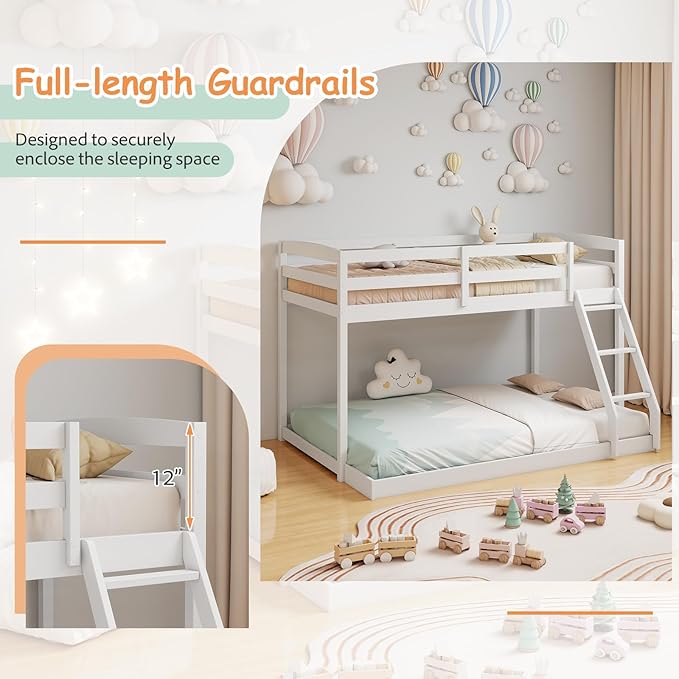 KOMFOTT Low Bunk Bed Twin Over Full, Solid Wood Twin Bed Frame with Built-in Ladder & Safety Guardrails, Space-Saving Low Bunk Bed for Kids, Teens, No Box Spring Needed
