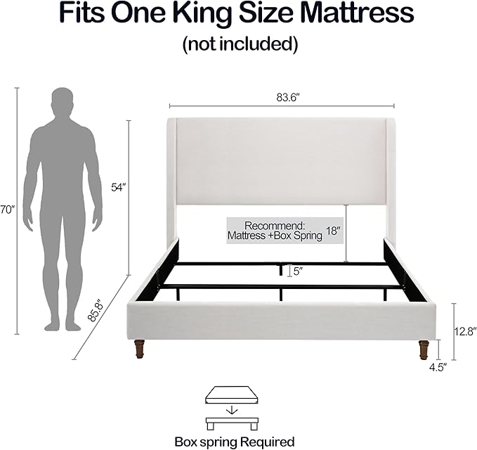 King Size Upholstered Platform Bed with 54" Tall Wingback Headboard/Elegant Upholstered Bed Frame Without Wooden Slats/Box Spring Required/Easy Assembly/Textured Ivory Canvas