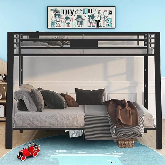 Upgraded Version Thicken Metal Heavy-Duty Full XL Over Queen Bunk Bed, Best Modern Style Stronger Full Over Queen Size Bunk Bed Frame with Ladder for Adults, Easy Assembly (Full XL Over Queen-A)