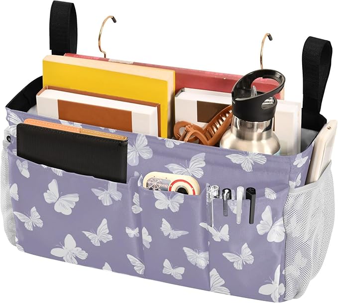 Bedside Caddy Hanging Bunk Bed Caddy Bed Organizer Hanging Pocket with 2 Hooks Bedside Storage Organizer Pocket Bag Holder White Butterfly Purple