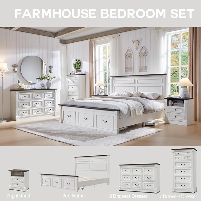 Farmhouse King Size Bed Frame with 51" Tall Headboard, Wood Platform Bed Frame with 20" Tall Roman Column Decoration Footboard & 3 Large Storage Drawers, No Box Spring Needed (White)