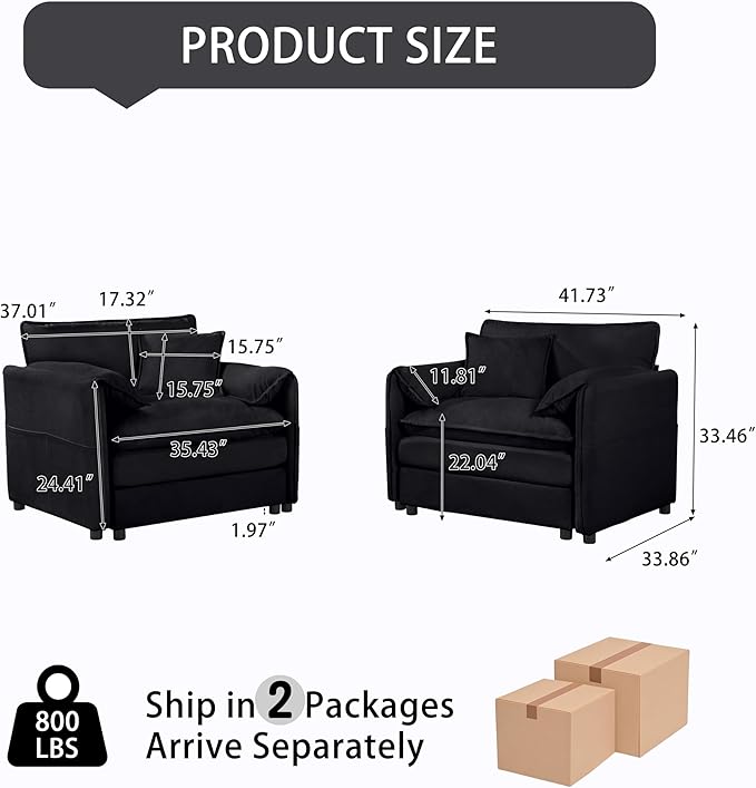 KEIKI Oversized Accent Chair Set of 2, Chenille Modern Comfy Deep Seat Large Upholstered Armchair with Side Pockets, Reading Single Sofa Chairs for Bedroom Living Room Apartment, Black