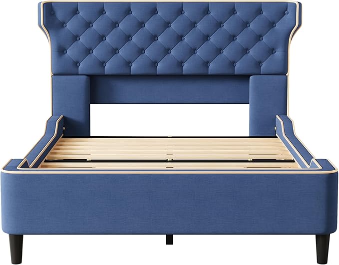 Christopher Knight Home Salus Linen Upholstered Queen Size Bed Frame with Headboard, Modern Queen Bed Frame and Headboard, Wooden Slats Support, Easy Assembly, No Box Spring Needed, Blue