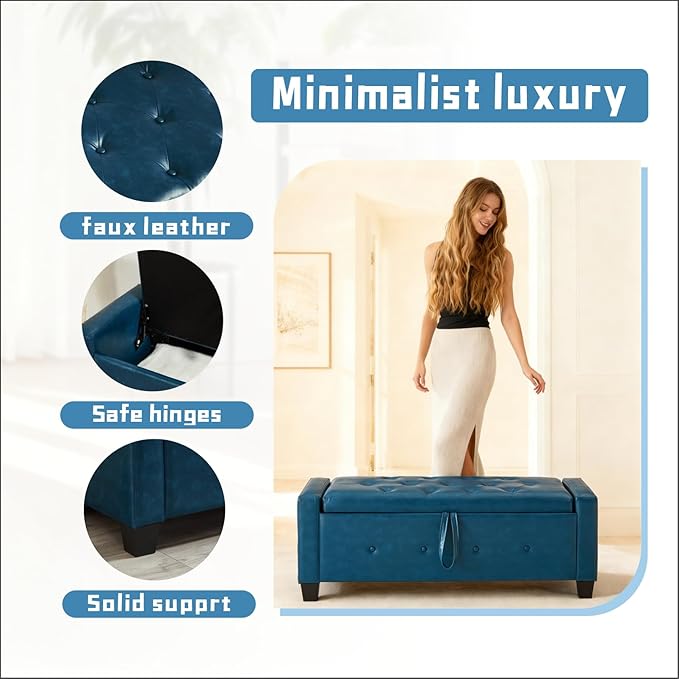 48" Storage Ottoman Bench, Upholstered Button-Tufted End of Bed Bench with Soft-Close Hinge & Solid Wood Legs, Foot Rest for Living Room, Bedroom, Hallway (Faux Leather, Blue)