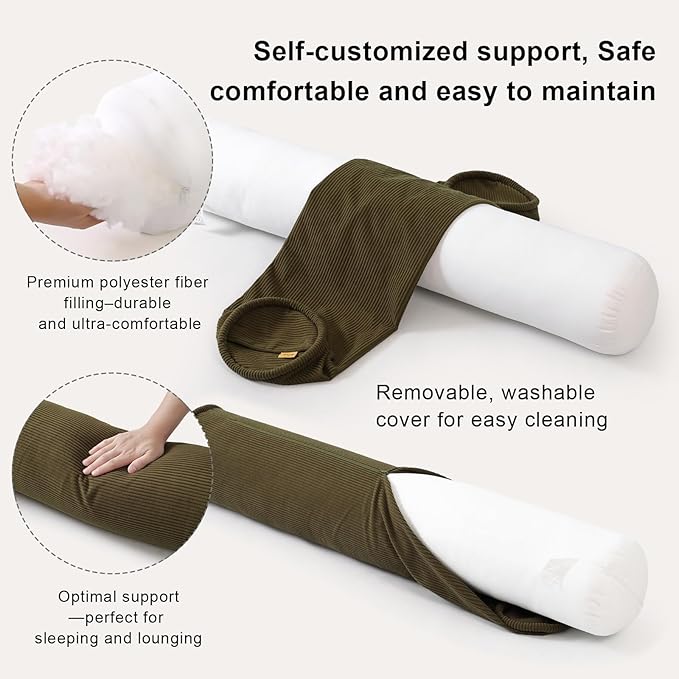 Long Round Body Pillow for Adults – Corduroy Cervical Roll Bolster Pillow, Firm Support for Spine Alignment & Side Sleeping,47 x 7.87 Inches,Martini 0live