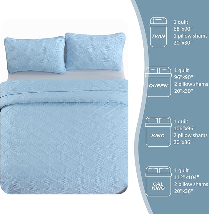 Yiran Ash Blue Quilt Set King Size, 3 Piece Reversible Bedspreads Bedding Set, Fall Diamond Pattern Coverlet for All Season with 2 Pillow Shams (King, 106x96 Inch)