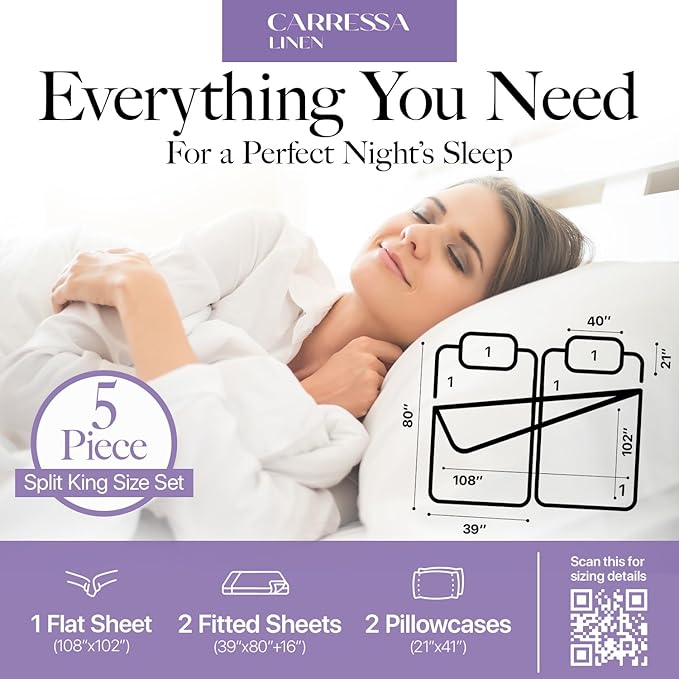 Carressa Linen 100% Egyptian Cotton Split King Sheets Sets for Adjustable Bed - 600 Thread Count 5 PC Top Split King Sheets, 16" Deep Pocket Soft Cooling Sheets for Split King Adjustable Bed - Teal
