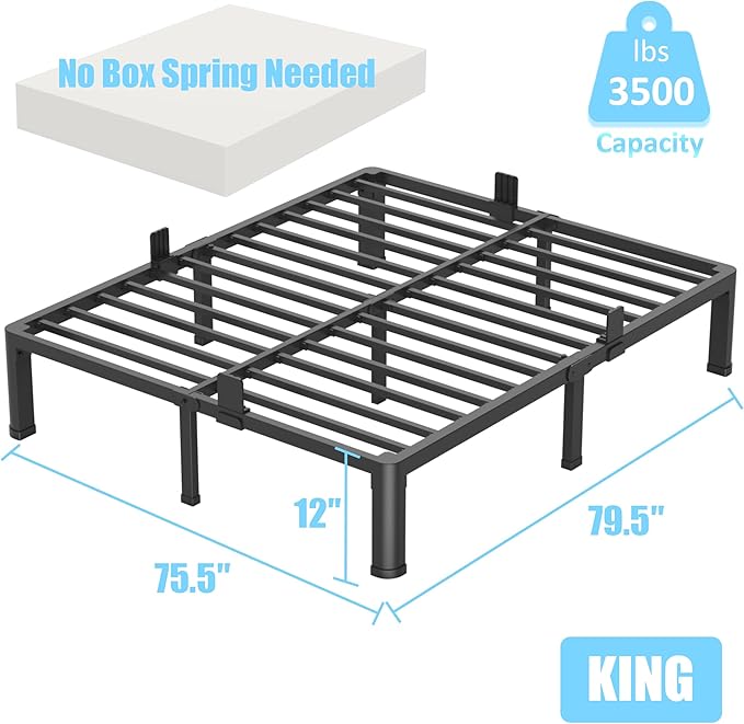 FUIOBYVV 12 Inch King Bed Frame with Round Corner Edge Legs 3500 lbs Metal Heavy Duty Steel Slats Support No Box Spring Needed Platform Noise Free Easy Assembly